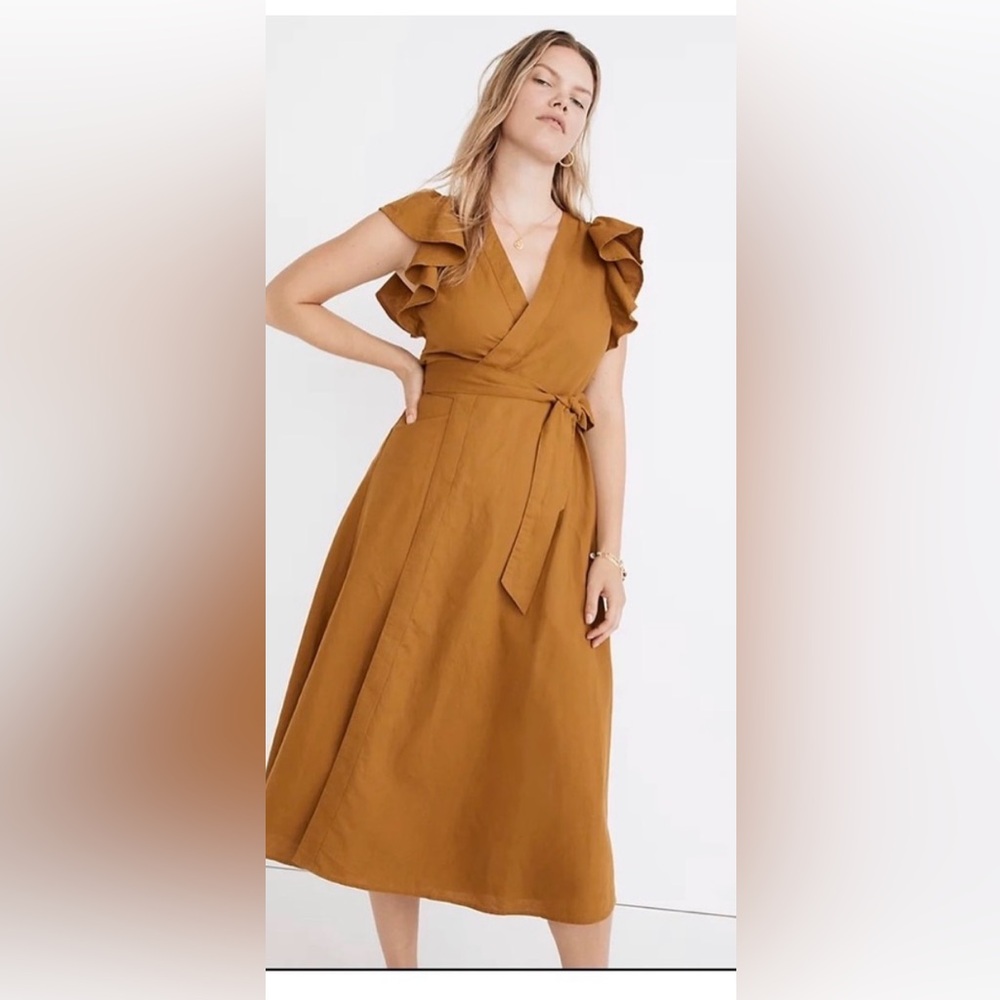 Madewell Wrap Linen Ruffle Sleeve Midi Dress